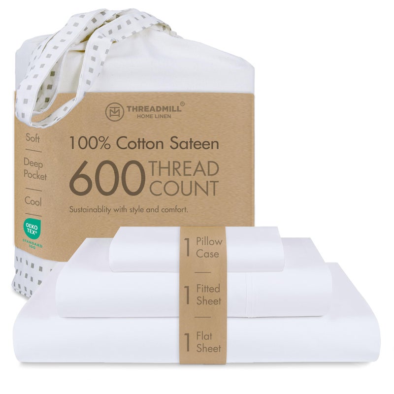 Threadmill 100% Cotton Sheets for Twin Size Bed - 600 Thread Count Twin Bed Sheets Set with 15â€ Deep Pocket - Sateen Weave 3-Piece Bedding Set with Cooling Effect, White - Image 1